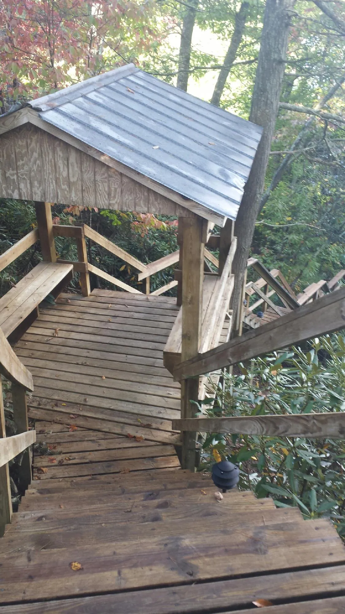 Metal roofed shelter over wooden steps on a wooded walkway — Skylight Repair & Installation work by our crew in Egan